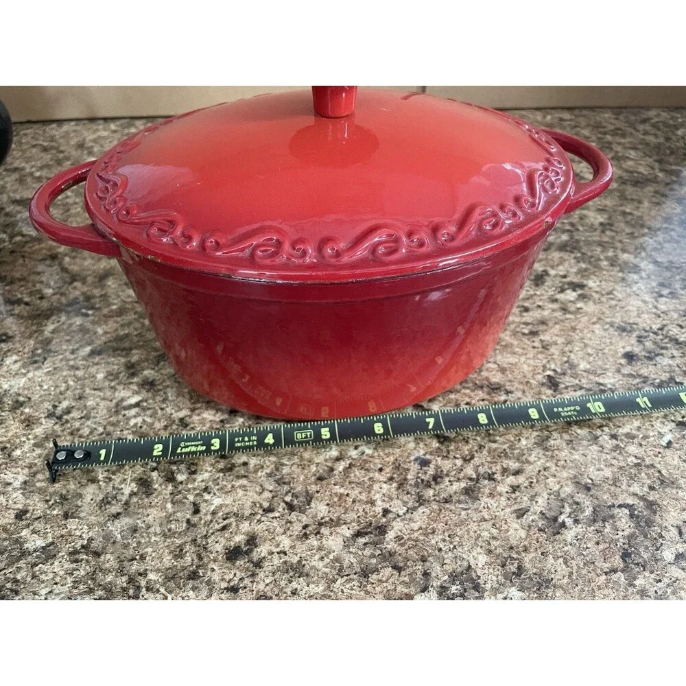 Vintage Red Enamel Cast Iron Dutch oven with Lid Double Handle